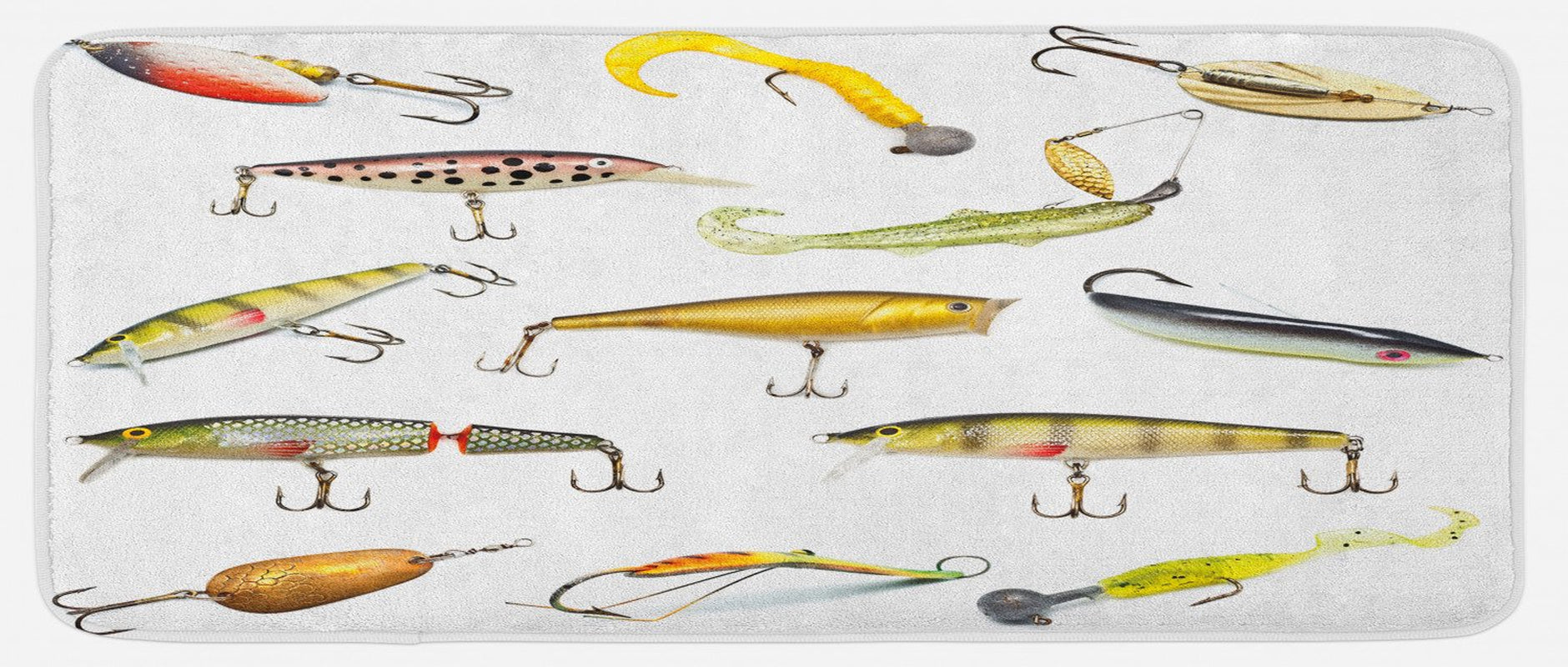 Fishing Kitchen Mat, Fishing Tackle Bait for Spearing Trapping Catching Aquatic Animals Molluscs Design, Plush Decorative Kitchen Mat with Non Slip Backing, 47" X 19", Multicolor, by Ambesonne