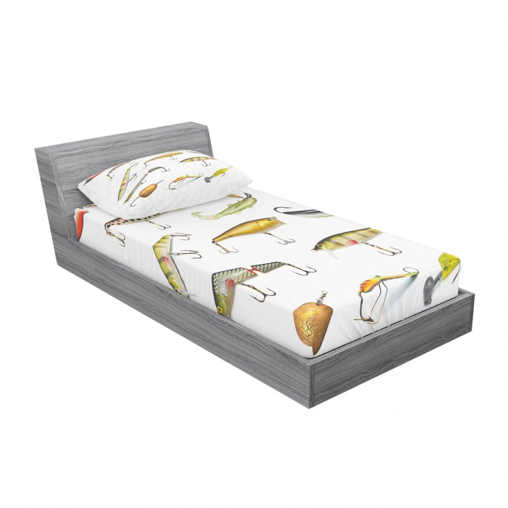 Fishing Bedding Set with Sheet & Covers, Fishing Tackle Bait for Spearing Trapping Catching Aquatic Animals Molluscs Design, Printed Bedroom Decor 2 Shams, 4 Sizes, Multicolor, by Ambesonne