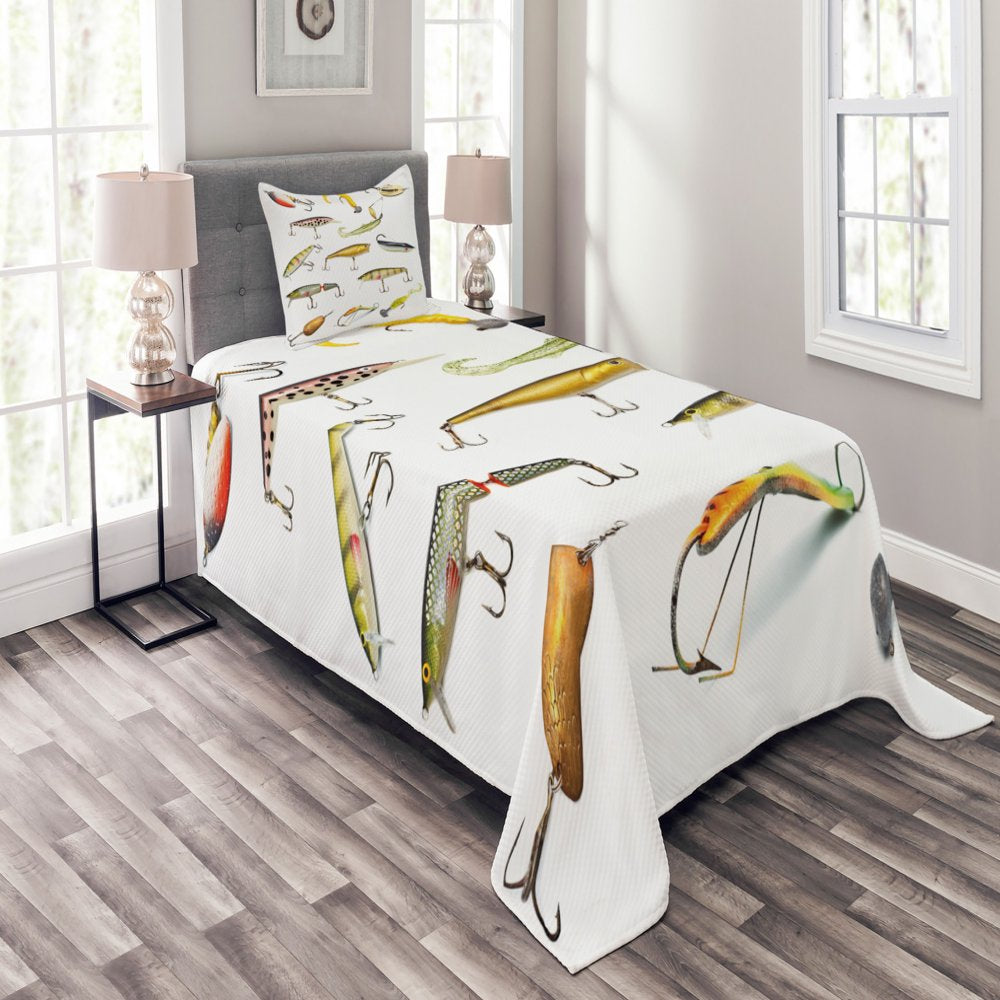 Fishing Bedspread Set King Size, Fishing Tackle Bait for Spearing Trapping Catching Aquatic Animals Molluscs Design, Quilted 3 Piece Decor Coverlet Set with 2 Pillow Shams, Multicolor, by Ambesonne
