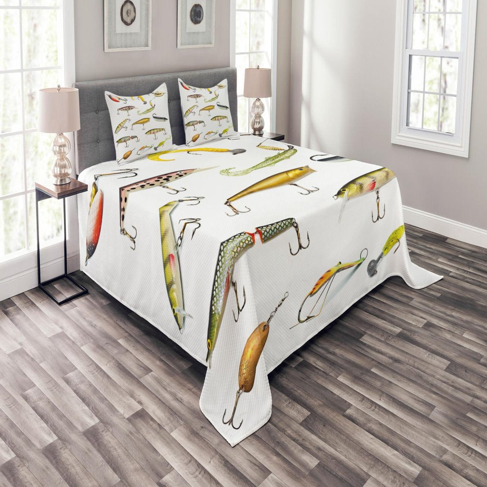 Fishing Bedspread Set King Size, Fishing Tackle Bait for Spearing Trapping Catching Aquatic Animals Molluscs Design, Quilted 3 Piece Decor Coverlet Set with 2 Pillow Shams, Multicolor, by Ambesonne