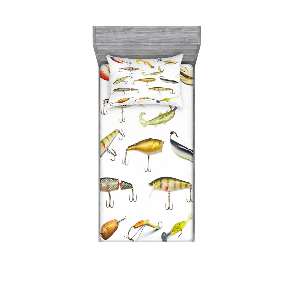 Fishing Bedding Set with Sheet & Covers, Fishing Tackle Bait for Spearing Trapping Catching Aquatic Animals Molluscs Design, Printed Bedroom Decor 2 Shams, 4 Sizes, Multicolor, by Ambesonne