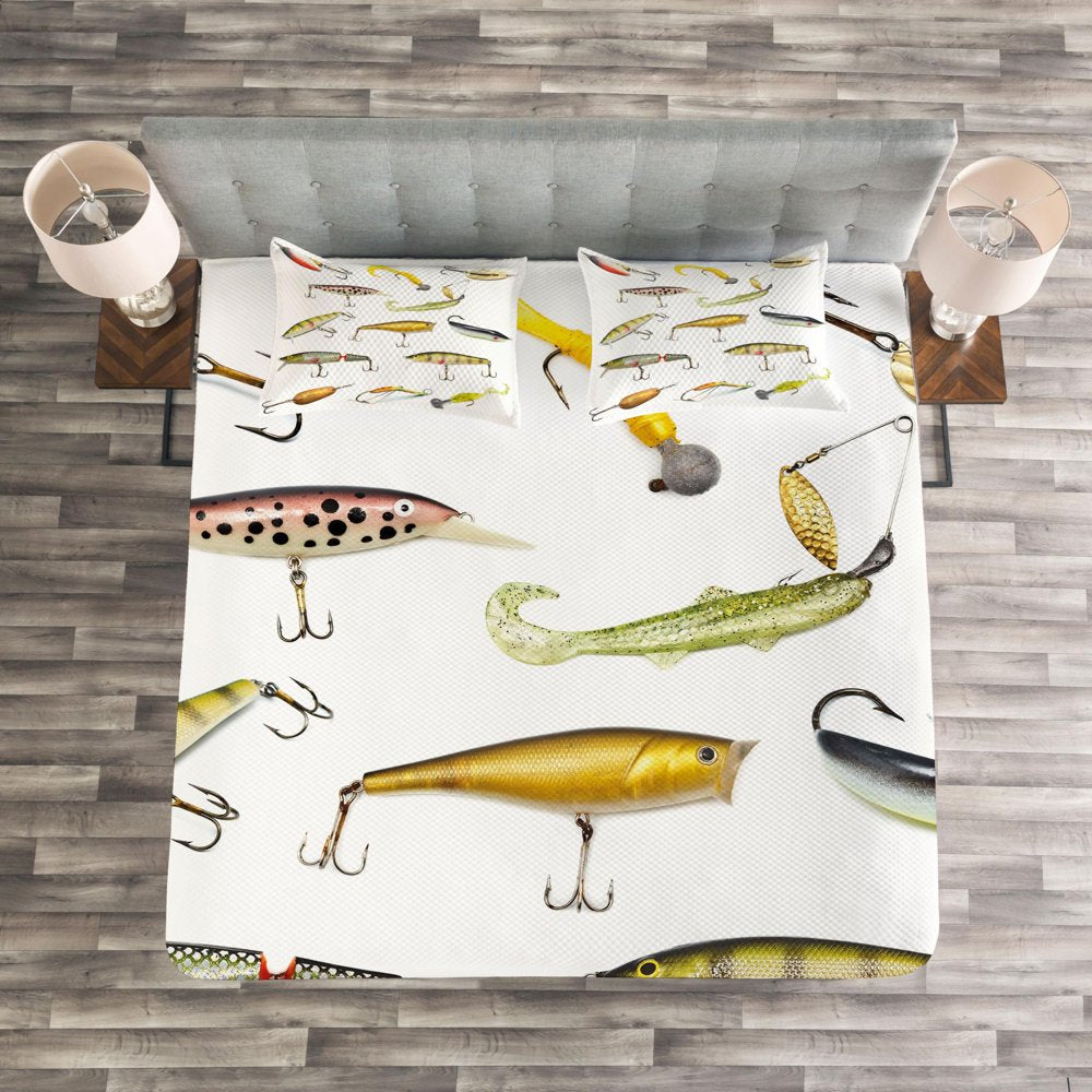 Fishing Bedspread Set King Size, Fishing Tackle Bait for Spearing Trapping Catching Aquatic Animals Molluscs Design, Quilted 3 Piece Decor Coverlet Set with 2 Pillow Shams, Multicolor, by Ambesonne
